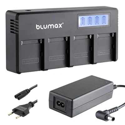 Abbildung von Blumax 4 Kanal LCD Schnell Ladegerät ersetzt Sony NP F970 / F750 Turbo Charger kompatibel mit F960 F990 F550 F570 FM500H Schwarz