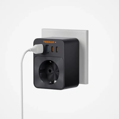 Abbildung von TESSAN USB Steckdose 30W, Mehrfachstecker für Steckdose, 3600W Steckdosenadapter mit 4 USB, Netzstecker Ladegerät, Stecker Phone und Haushaltsgeräte, Mehrfachsteckdose Adapterstecker, Schwarz
