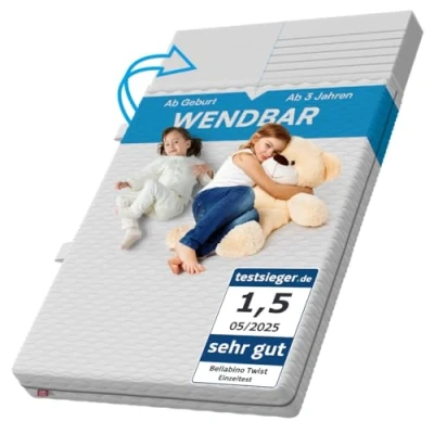 Abbildung von Bellabino Kindermatratze Twist 140x200, Matratze für Babybett, wendbar Härtegrad H1/2, Kaltschaummatratze mit 7 Zonen, Allegikerfreundlich, hautfreundlich, Höhe 15cm