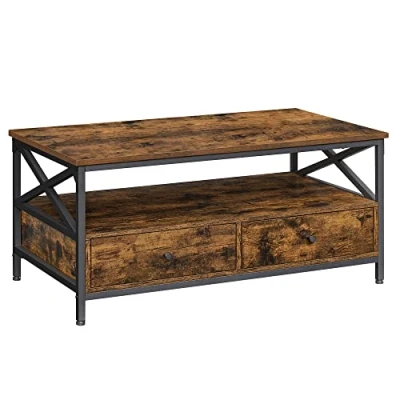 Abbildung von VASAGLE Couchtisch, Wohnzimmertisch, Sofatisch, für Wohnzimmer, mit Schubladen, X förmige Streben, offenes Fach, Industrie Design, vintagebraun schwarz LCT201B01