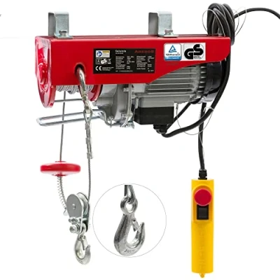 Abbildung von Arebos Elektrische Seilwinde Seilzug Seilhebezug Seilaufzug 1000W Motorwinde mit Kabelfernbedienung Lastenaufzug Hubhöhe 12m TÜV Rheinland GS Tragkraft 200kg 400kg