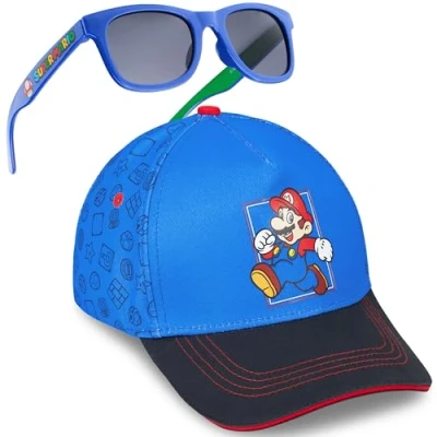 Abbildung von Get Trend Super Mario Basecap Kinder Jungen Kappe Set mit Sonnenbrille UV Schutz Sommer Accessoires Geschenke für Jungs (3 6 Jahre, Blau Set)