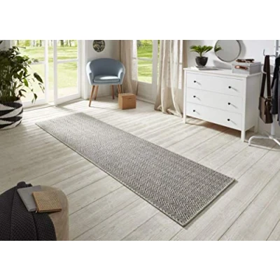 Abbildung von BT Carpet Nature Läufer In und Outdoor Schlingen Küchenläufer rutschfest Flachgewebe Kurzflor Woll Optik Fineloop Küchenteppich für Flur, Garten, Terrasse, Badezimmer Grau Anthrazit, 80x450cm