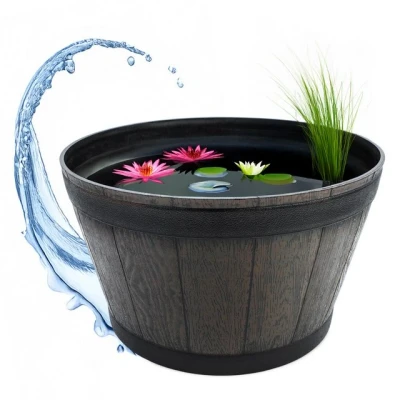 Abbildung von Spetebo Pflanzkübel Kunststoff Mini Gartenteich im Holz Kübel Design 51 cm (Anzahl, 1 St., Stück), wetterfestes und robustes Material