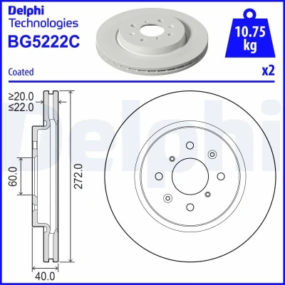 Abbildung von DELPHI Bremsscheibe SUZUKI: SWIFT 4 272mm 22mm Belüftet beschichtet BG5222C 5531168L50 Bremsscheiben, Scheibenbremsen