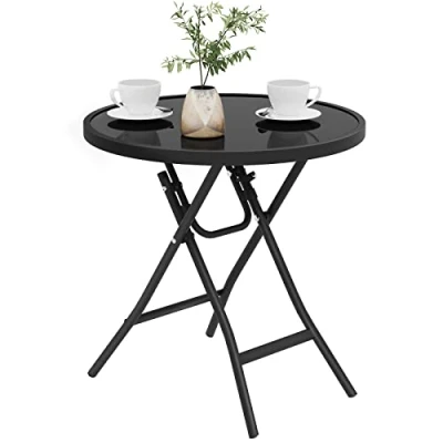 Abbildung von eSituro Klapptisch, Beistelltisch klappbar, Balkontisch Campingtisch Gartentisch Bistrotisch, mit Metallrahmen, runde Tischplatte aus gehärtetem Glas, φ46x47,5 cm, Schwarz SCPT0036