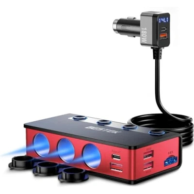 Abbildung von 9 IN 1 Zigarettenanzünder Verteiler, BESTEK 180W Auto kfz Ladegerät Adapter mit 65W PD &amp; 4 Port QC3.0 USB C Stecker Ladekabel Splitter LED Licht für Dash/Cam/iPad/GPS, Schwarz Rot