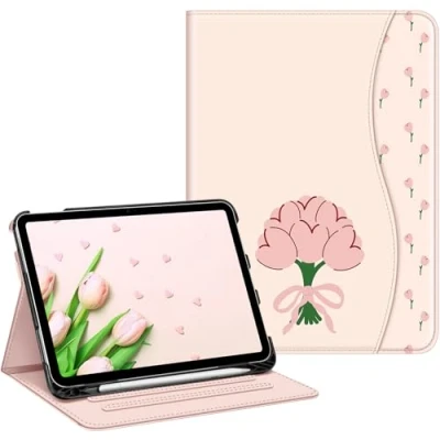 Abbildung von Fintie Hülle für iPad 10. Generation 2022 (10.9 Zoll) Multi Winkel Folio Schutzhülle mit Pencil Halter, Dokumentenfach und Auto Schlaf/Wach Funktion, (Z Tulpe)
