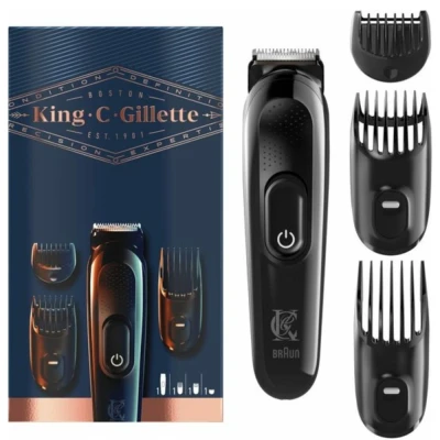 Abbildung von King C. Gillette Barttrimmer, kabellos mit lebenslang scharfen Klingen, abwaschbar, 3 Aufsätzen für den Dreitagebart, kurzes und langes Barthaar