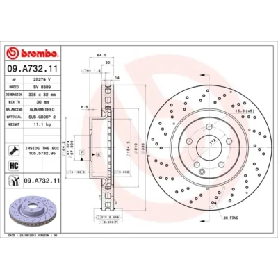 Abbildung von BREMBO COATED DISC LINE 09.A732.11 Bremsscheibe 335 32 5 gelocht/innenbel. beschichtet hochgekohlt mit Schrauben MERCEDES BENZ: S Klasse Limousine