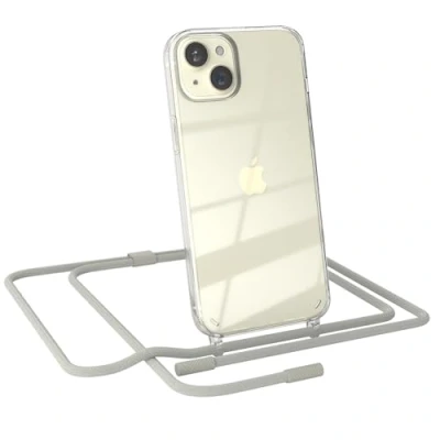 Abbildung von EAZY CASE Handykette kompatibel mit iPhone 15 Plus dünne Handyhülle für Hülle Band als Fallschutz Kette zum Umhängen transparente Silikon in Taupe