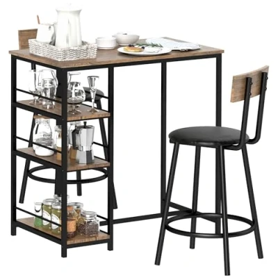 Abbildung von HOMCOM Bartisch mit Barhocker Set, 3 TLG. Set Küchentisch, Ablagen, 2 Barstühlen, im Modern Stil, Essgruppe für Esszimmer, Küche, Stahl, Eiche