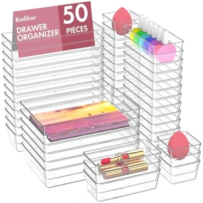Abbildung von Radikor Schubladeneinsatz Schubladen Organizer 50 Stück Schminktisch in 4 Größen, Drawer Organizer, Make Up Ordnungssystem für Schreibtisch, Büro, Küchen, Bad