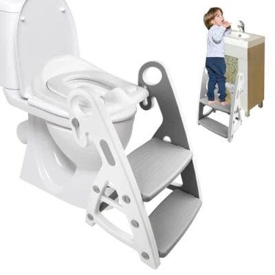 Abbildung von Labmilon Grau Toilettensitz Kinder mit Treppe, Töpfchen für Kinder, Toilettenaufsatz Klositz Faltbarer WC Aufsatz Toilettentrainer