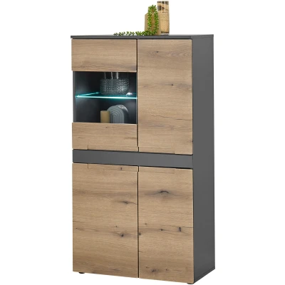 Abbildung von Stella Trading Taylor Vitrine in Anthrazit, Evoke Eiche Optik Moderner Vitrinenschrank mit LED Beleuchtung und viel Stauraum 75 x 140 38 cm (B/H/T)