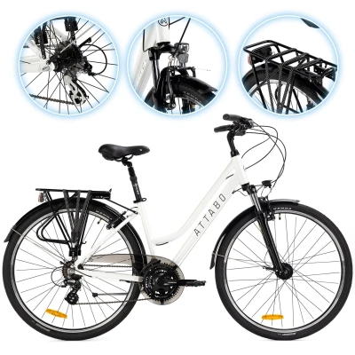 Abbildung von ATTABO Trekking Fahrrad Damen mit 19&quot; Rahmen Ergonomischer Lenker V Brake Bremsen Strapazierfähiges weißes 28&quot; Rädern niedrigem Heckgepäckträger im Set Fahrradklingel Reflektoren