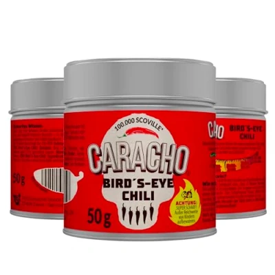 Abbildung von CARACHO 20er Pack x 50g Bird Eye Chiliflocken 100% Extrem Scharf Chillipulver in Metal Gewürz Dose/Scoville: 100.000 200.000 / Vorteilspack