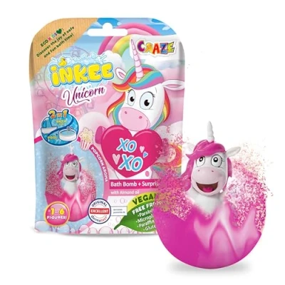 Abbildung von INKEE UNICORN Badebombe Kinder mit Überraschung, Badekugel 100g Einhornfiguren, Pop corn Duft