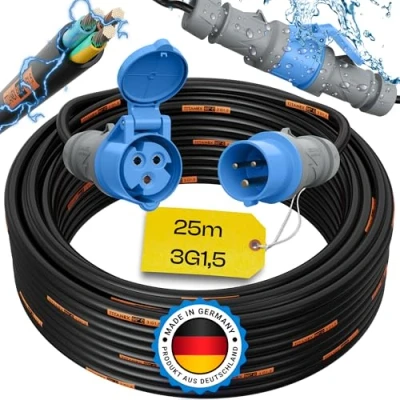 Abbildung von maxgo Camping Stromkabel 25m Wohnwagen Kabel Wohnmobil CEE Stecker TITANEX Verlängerungskabel 3 Polig 3x1,5 Campingkabel 25 Meter Strom Verlängerung H07RN F Outdoor Mennekes