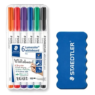 Abbildung von STAEDTLER Whiteboard pen Lumocolor, Strichbreite ca. 1 mm, trocken und rückstandsfrei abwischbar, schnelltrocknend, Box mit 6 Farben inklusive Schwamm, 301 WP6P1X
