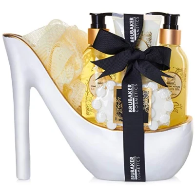 Abbildung von BRUBAKER Hautreinigungs Set Dusch und Badeset mit Vanille Spa Duft, 6 tlg., Frauen Geschenkset in Keramik Stiletto, Luxus Pflegeset Deko High Heel für Damen