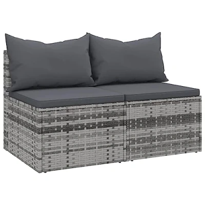Abbildung von vidaXL Garten Mittelsofa 2 STK., Gartensofa mit Kissen Stahlrahmen, Sofa Sitzgruppe für Terrasse, Gartenmöbel Loungemöbel, Grau Poly Rattan
