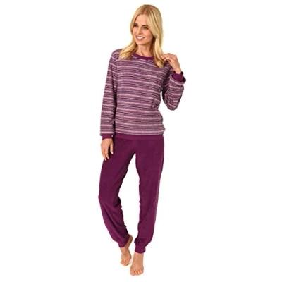 Abbildung von Edler Damen Frottee Pyjama Langarm Schlafanzug mit Bündchen in Streifenoptik 291 13 902, Farbe:rot, Größe:48/50