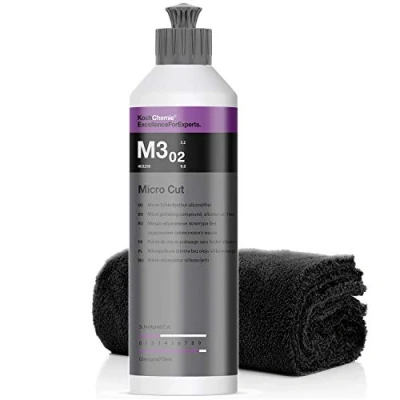 Abbildung von detailmate Koch Chemie Politur Set: Micro Cut M3.02 Schleifpolitur silikonfrei, 250ml randloses Mikrofasertuch, 40 x 40cm, 550GSM