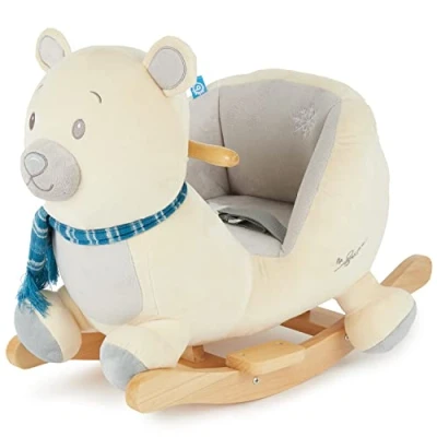 Abbildung von Bieco Plüsch Schaukeltier Eisbär Lars 60 cm Kinder Schaukelstuhl mit Sicherheitsgurt Baby Schaukel Kleinkind Schaukelwippe ab 9 Monate Schaukelpferd Holz