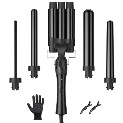 Abbildung von Lockenstab 3 Fässer Welleneisen 5 in 1 Keramikbeschichtung Zubehörteile 1032 mm Lockenstäbe Multifunktional mit Handschuhen 2 Clips