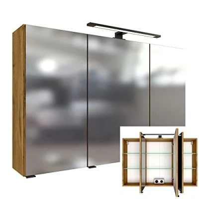 Abbildung von Lomadox Spiegelschrank in Wotan Eiche Nb. 100 cm breit 3 türig mit 3D Effekt inkl. LED Aufbauleuchte, B/H/T: ca. 100/64/20