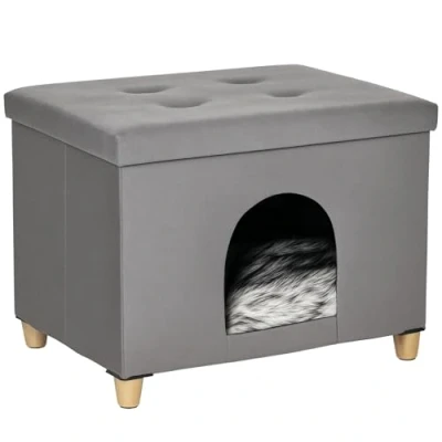 Abbildung von PawHut 2 IN 1 Katzenhöhle Fußhocker mit Kissen Holzbeine Katzenhaus Katzenkorb weich gepolstert Ottomane Elegantes Design abnehmbar MDF Plüsch Grau 60 x 45 44,5 cm