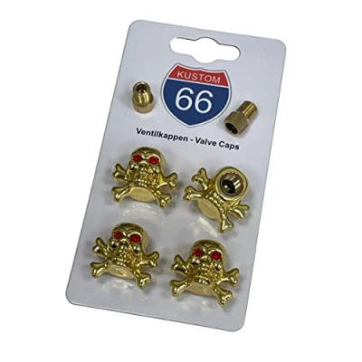 Abbildung von 4er Set Ventilkappen + 2 Fahrradadapter Totenkopf Gold mit Knochen für jedes Auto, Motorrad und Fahrrad geeignet