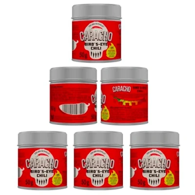 Abbildung von CARACHO 5er Pack x 50g Bird Eye Chiliflocken 100% Extrem Scharf Chillipulver in Metal Gewürz Dose/Scoville: 100.000 200.000 / Vorteilspack
