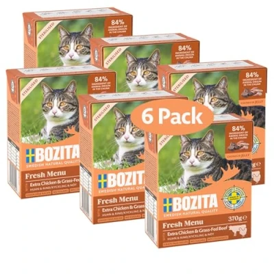 Abbildung von Bozita Sterilised Nassfutter Häppchen für Katzen in Gelee mit Huhn &amp; Rind 6er Tetra Pack 370g Katzenfutter ohne Getreide und Zucker Futter 7,5% Protein 5% Fettgehalt, Gentechnik