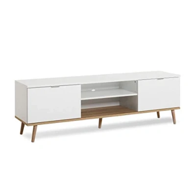 Abbildung von Newfurn TV Lowboard Skandinavisch Schrank Fernsehtisch Rack Board II 160x50x 40 cm (BxHxT) [Elia.Five] in Weiß/Weiß Wohnzimmer Schlafzimmer