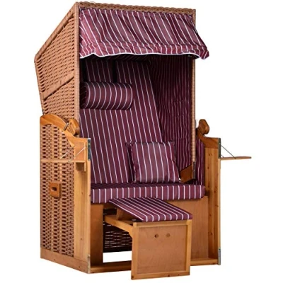 Abbildung von intergrill Strandschönheiten AVA Strandkorb Ostsee 1 Sitzer Liege Beige Vollholzfront Burgund Weiß gestreift Für Balkon Terrasse Garten Wintergarten