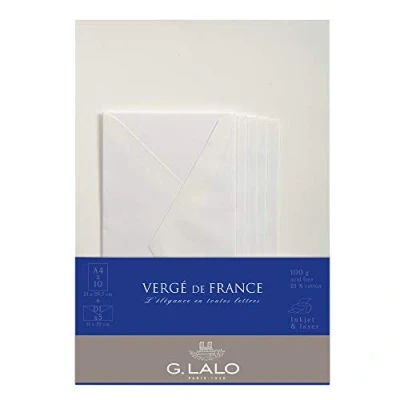 Abbildung von G. Lalo 62716L Korrespondenz Set Vergé de France (mit 5 Blatt DIN A4, 21 x 29,7 cm, 100 g, säurefrei, gerade Kante und Umschläge, 11 22 nassklebend gefüttert, elfenbein)