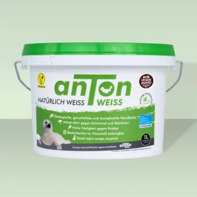 Abbildung von Anton Weiss® Mineralfarbe Weiss 1L geruchsneutral &amp; atmungsaktiv ökologische weiß stumpfmatt hohe Deckkraft beugt Schimmel vor für Kinderzimmer und Allergiker