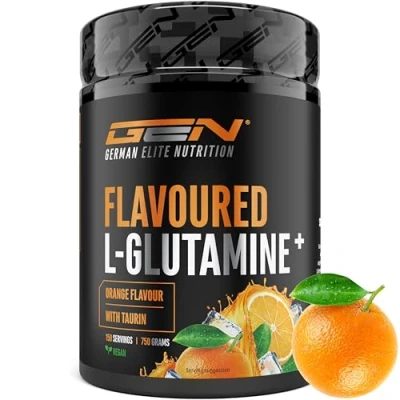 Abbildung von Flavoured L Glutamin Pulver 750 g Ultrafeines Glutamine mit extra Taurin Micronized Geschmack Ohne Zucker &amp; Top Löslichkeit Vegan (Orange)