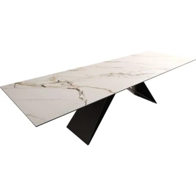 Abbildung von Esstisch Edge 300x100 Keramik Calacatta Luxe Weiß Gold Grau V Gestell Flachstahl Schwarz