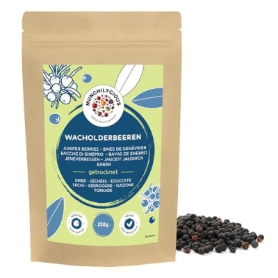 Abbildung von Wacholderbeeren ganz 250g von Munchilycious, Trockenfrüchte, ohne Zuckerzusatz, Wacholder Beeren ungesüßt und getrocknet, vegan