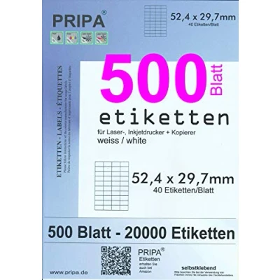 Abbildung von pripa Amazon FBA Versand Etiketten 52,4 x 29,7 mm 40 Stueck auf A4 Großpack 500 Blatt DIN selbstklebende