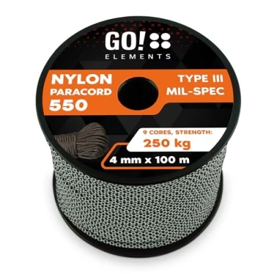 Abbildung von GO!elements 100m Paracord Seil aus reißfester Nylonschnur 4mm 550 Typ III Schnur geeignet als Allzweckseil &amp; Reepschnur Max. 250kg, Farbe: Schwarz Weiß