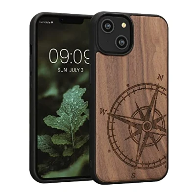 Abbildung von kwmobile Hülle kompatibel mit Apple iPhone 14 Holz Case Handy Cover TPU Handyhülle in Dunkelbraun Kompass Vintage
