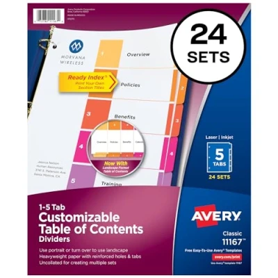 Abbildung von Avery 5 Register für 3 Ringbücher, anpassbares Inhaltsverzeichnis, mehrfarbige Registerkarten, 24 Sets (11167)
