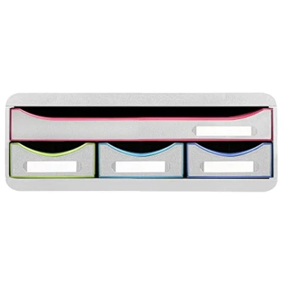 Abbildung von Exacompta 319913D Toolbox Harlekin mit 4 Schubladen aus Recycling Kunststoff zur Aufbewahrung kleiner Utensilien 27 x 35,5 13,5 cm. Ideal für Büro und Schreibtisch. Blauer Engel weißbunt