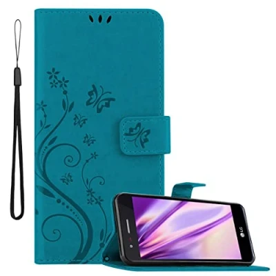Abbildung von Cadorabo Hülle kompatibel mit LG K8 2017 Blumen Design aus Premium Kunst Leder Flip Klappbare Stoßfeste Magnetische [Standfunktion] [Kartenfächern] Cover für Tasche in Blau