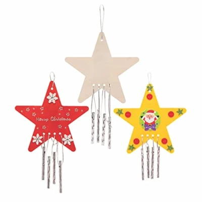 Abbildung von Baker Ross FE760 Sterne Windspiel aus Holz 4er Pack, Musikalisches mit Metalglocken Bastelset für Kinder zum Anmalen und Dekorieren, Weihnachtsbastelsets
