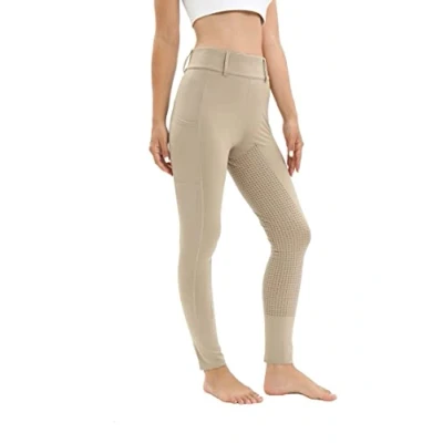 Abbildung von Reitleggings Damen Vollbesatz mit Handytasche, High Waist Reithose Mädchen Stretch Gürtelschlaufen Khaki XXL